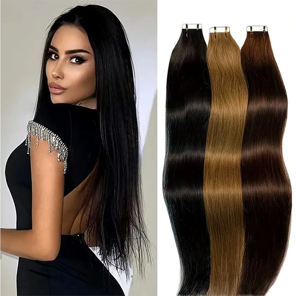 Klebeband in Haar verlängerungen menschliches Haar brasilia nisches Haar 0,8 menschliches 4x cm Klebeband Haar verlängerungen 20 Stück gerade #4 26 Zoll für Frauen