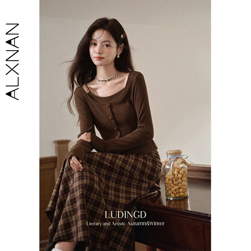 ALXNAN المرأة الخريف سترة 2025 البني خمر أنيقة بلوفر مغزول كاذبة طبقتين طوق غير المتماثلة هيم تريكو L569116 #4