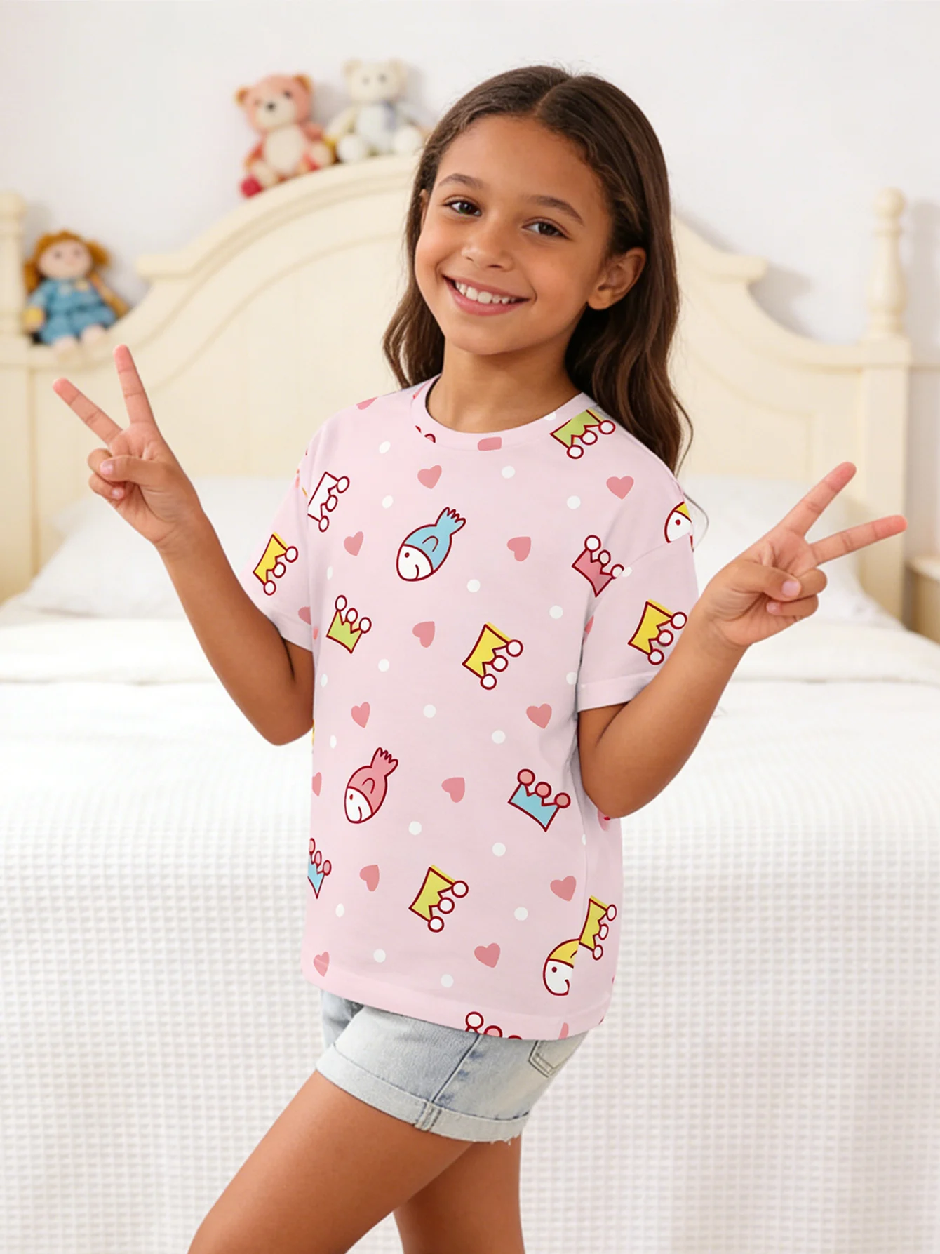 

2026 girls pink polka dot love fish crown full of short-sleeved T-shirt, casual top