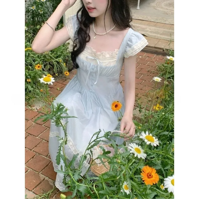 2025 Summer French Retro Style Dress Women Sweet Lace Edge Flutter Sleeve Clothes Bow Blue Long Dresses Elegant Chic Style New