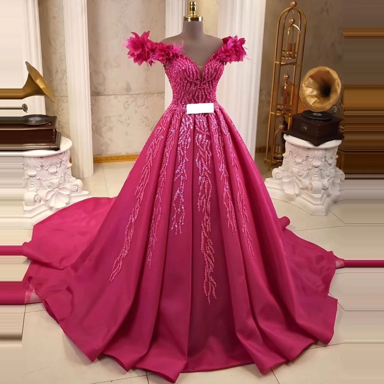 

Fuchsia Elegant Party Dresses Woman Luxury Off Shoulder Long Sleeves Prom Dress Sparkly A-line vestidos de novia فساتين