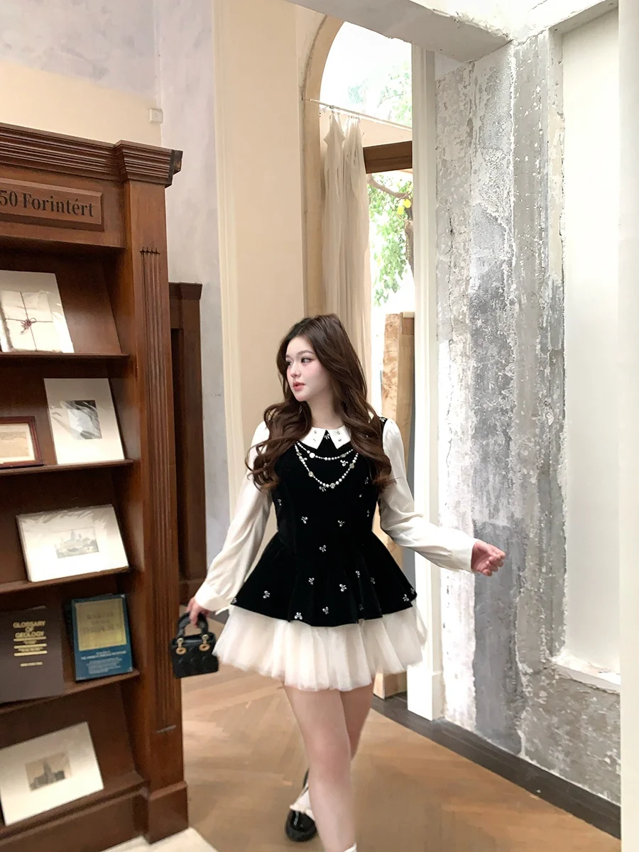 

Velvet Tulle Patchwork Puffy Dress Sweet Overweight Princess Velvet Netting Splicing Fairy Tale Style Long Sleeve Short Dress
