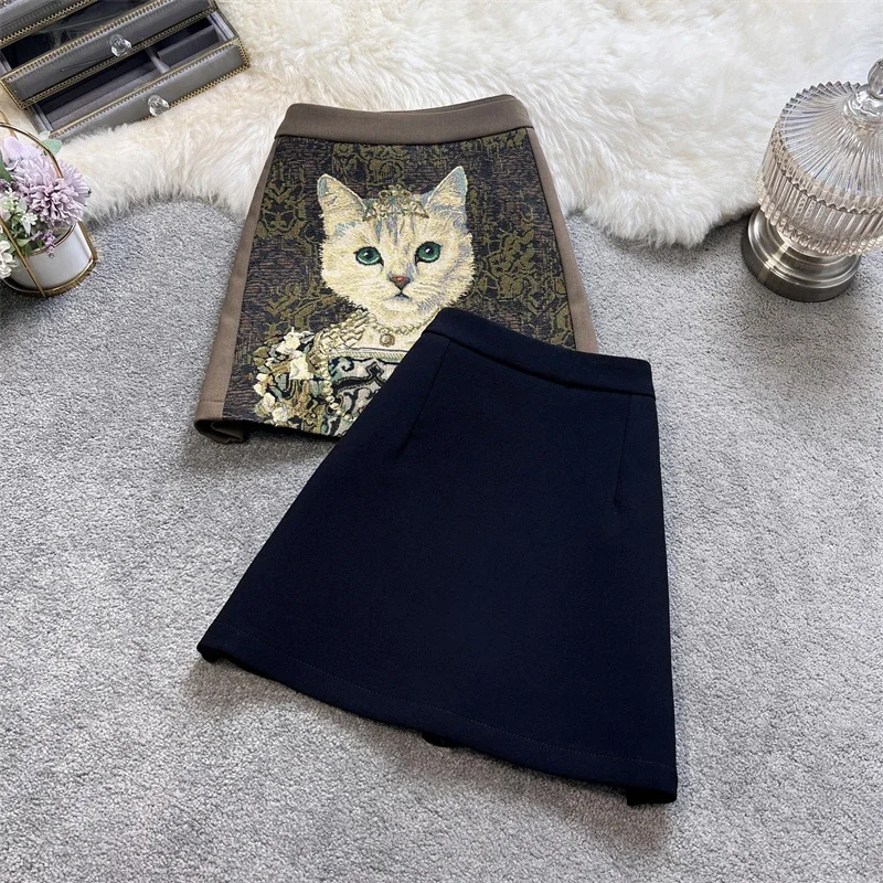 Korean 3D Animal Pattern Cartoon Cat Embroidery High Waist Skirt Fall and Winter Animal Pattern A-line Mini Skirts Women