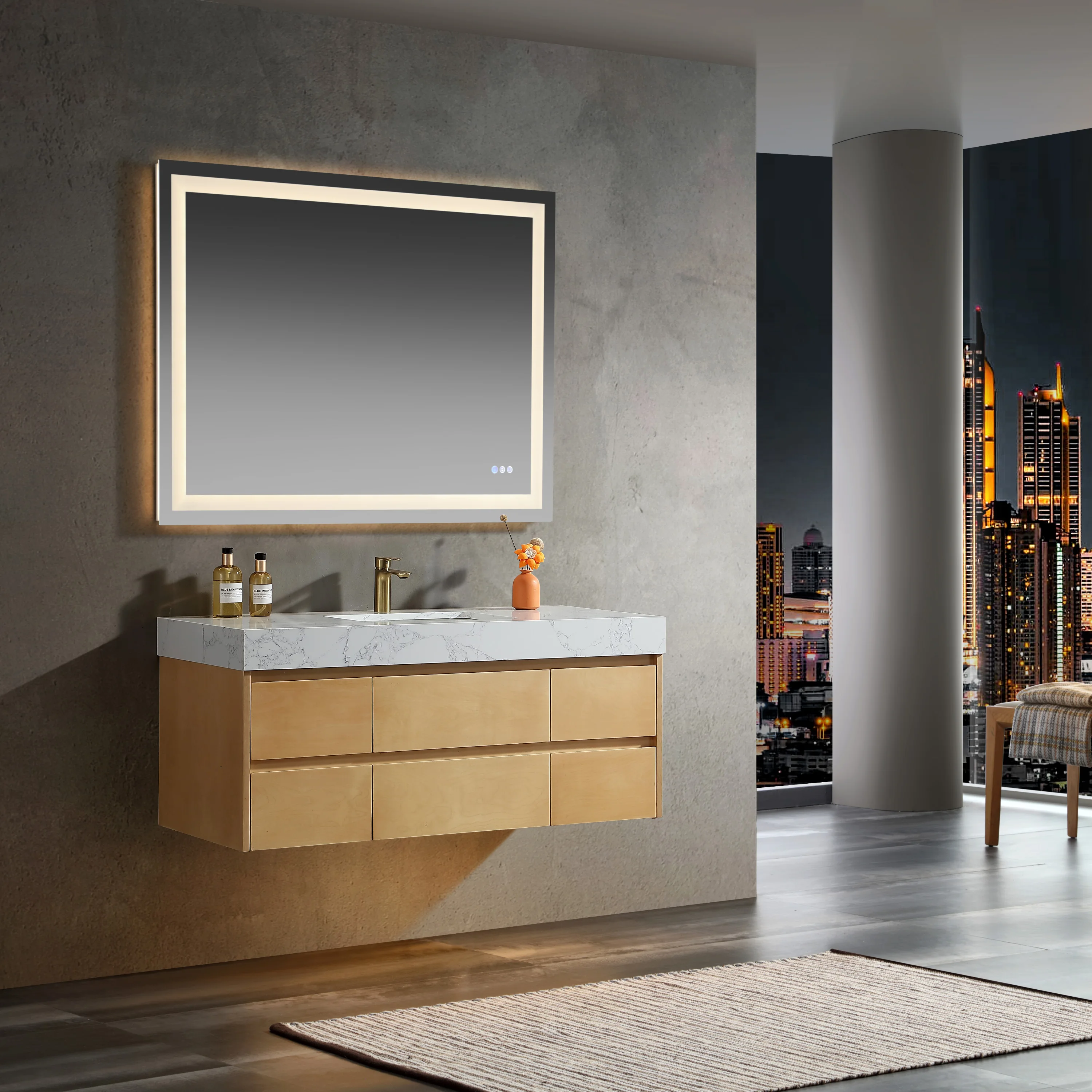 Homein Modern Minimalist Maple Colored Bathroom Cabinet With Washbasin And Sink Integrated, Available In Multiple Sizes