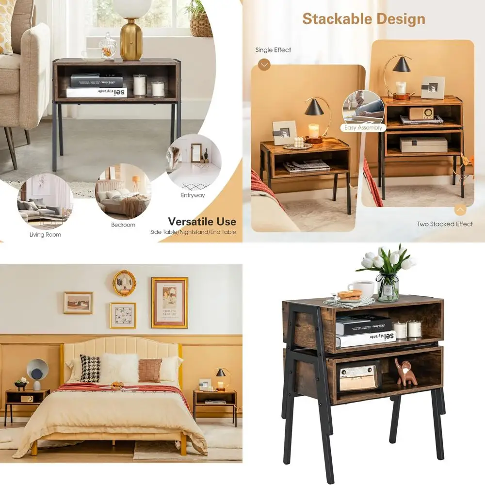 

Pair of Stackable Industrial-Style Nightstands with Open Storage, Metal Frame, Wood Top, Rustic Brown