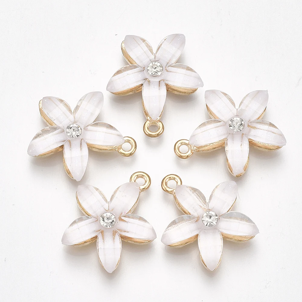 

5PCS Metal Pendants with Resin and Rhinestone Flower Crystal Light Gold White for Making DIY Necklace Bracelet Eardrop Jewelry