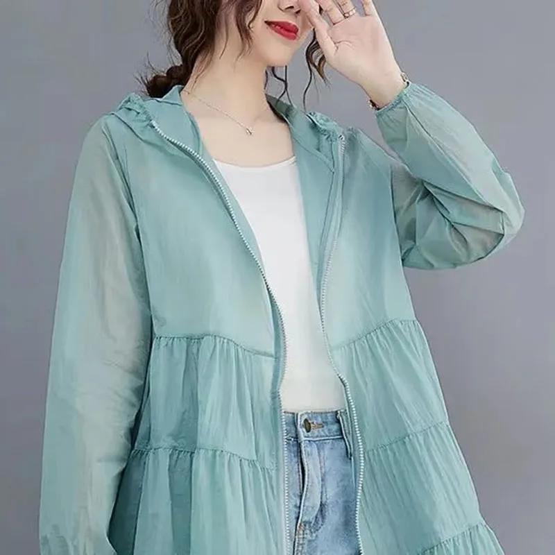 Damska kurtka przeciwsłoneczna z kapturem, wiatrówka, nowa kolekcja lato 2026, ochrona przed promieniowaniem UV, oddychająca, cienka.