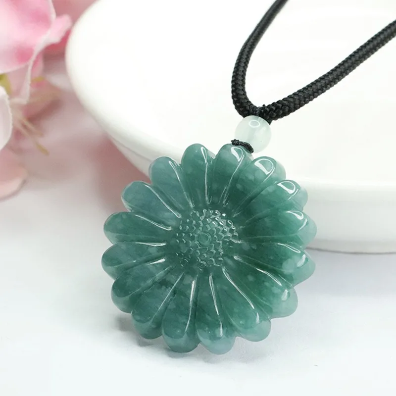 Natural Burmese Blue Jadeite Sunflower Jade Pendant Necklace Fashion Fine Jewelry Designer Charm Amulet Gifts for Women Luxury