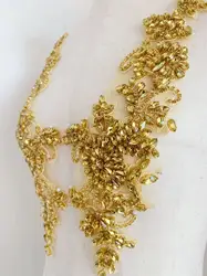 1 Pair Gold Rhinestone Applique Heavy Glass Beaded Flower Patch V Neckline Trim for Corset,Wedding Crystal Dress,Ball Gown