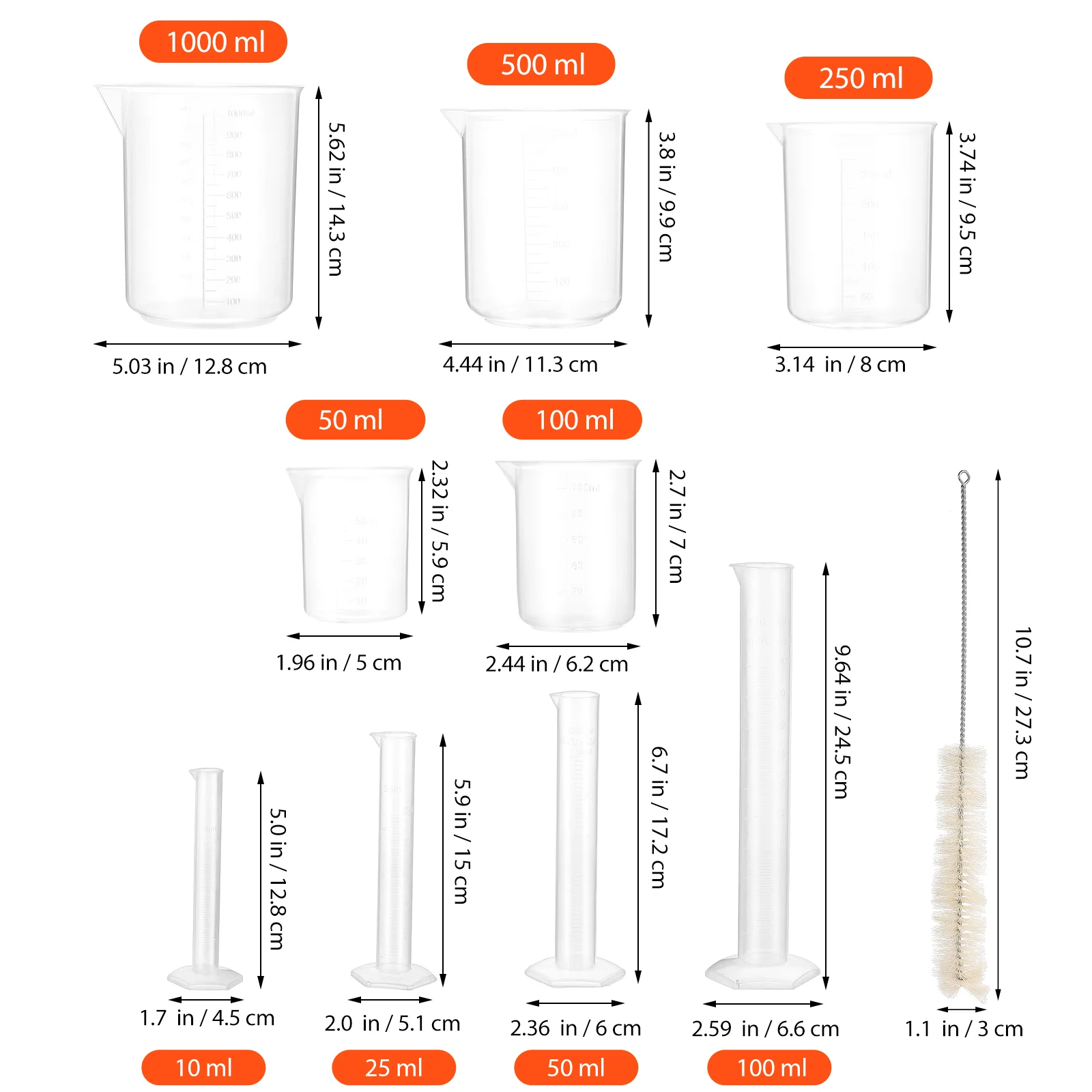 Imagem -02 - Conjunto de Cilindros Graduados de Plástico Copos com Tubo Ferramentas de Medição Cilindros de Experimento de Laboratório 13 Pcs