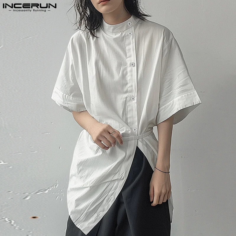 INCERUN Men Irregular Shirt Solid Color Stand Collar Half Sleeve Casual Men Clothing Streetwear 2024 Summer Korean Style Shirts