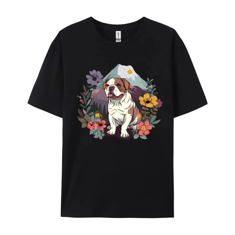 Cute American Bulldog Mountain Flowers T-Shirt Casual Summer Cotton O-Neck Men Tops Tees Comfortable T-shirts Latest Tshirts