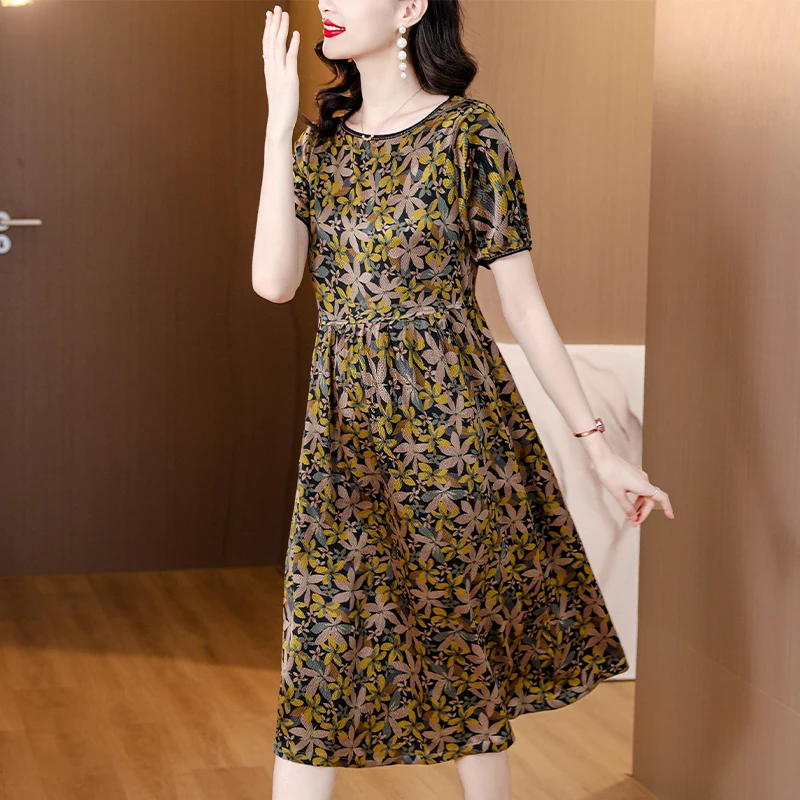 여름 여성 새틴 빈티지 럭셔리 Bodycon 드레스 2025 사무실 노란색 꽃 실크 미디 드레스 우아한 캐주얼 나이트 파티 Vestidos