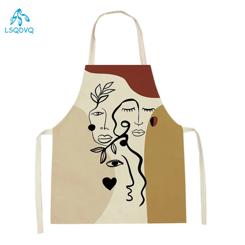 Adult Kids Linen Abstract Characters Print Kitchen Aprons Dinner Party Cooking Bibs Artistic Plants Leaves Funny Cleaning Apron