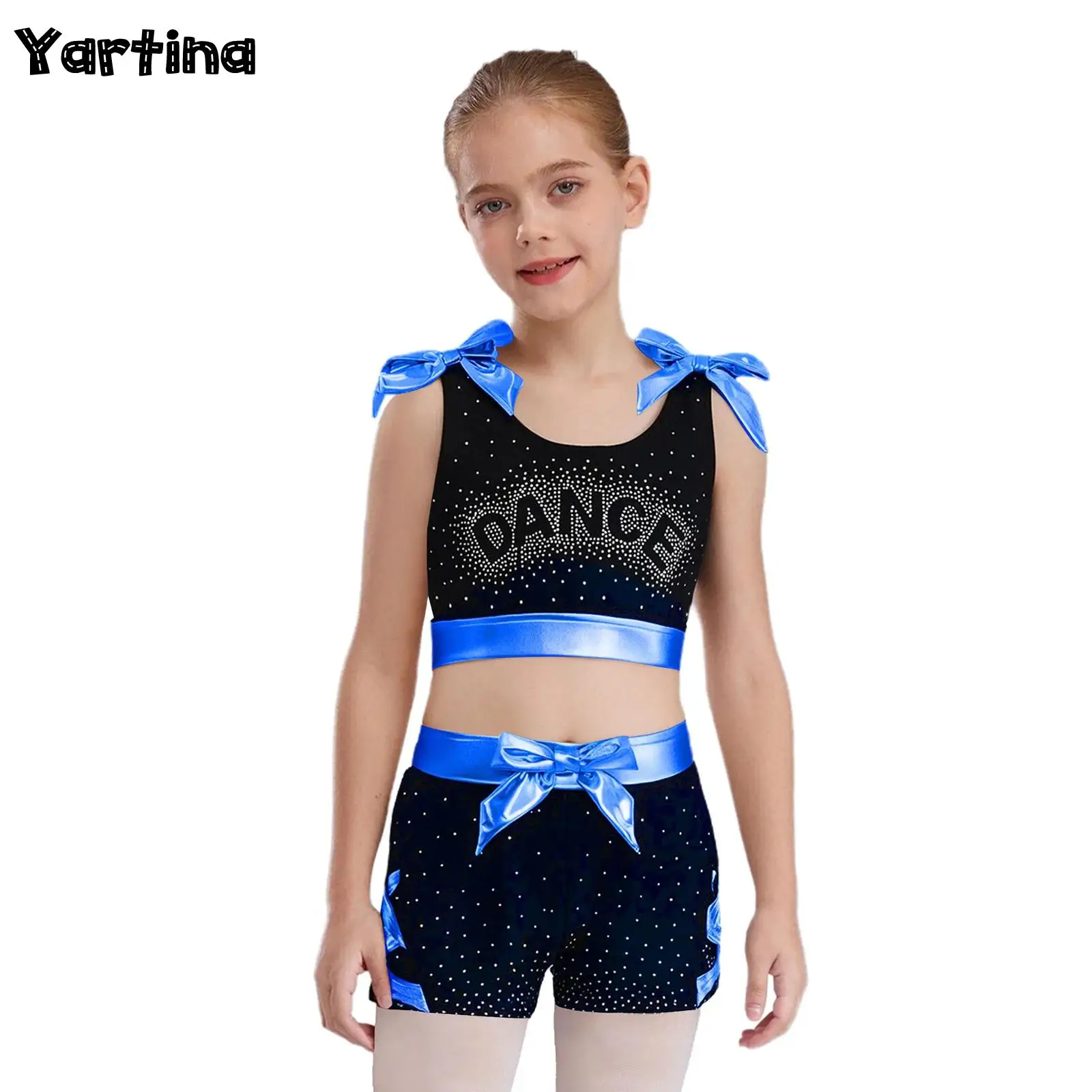 

Kids Girls Gymnastics Ballet Dance Outfits Sportswear Crisscross Back Metallic Bowknots Shiny Rhinestones Vest with Shorts