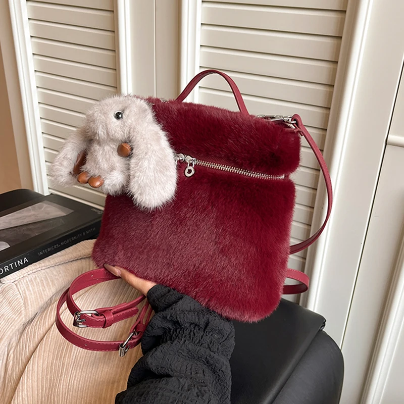Winter Red Plush Women's Bacpack Fashion Shoulder Bag For Ladies Designer Faux Fur Handbag Anti Theft Backbag Small Square Bag
