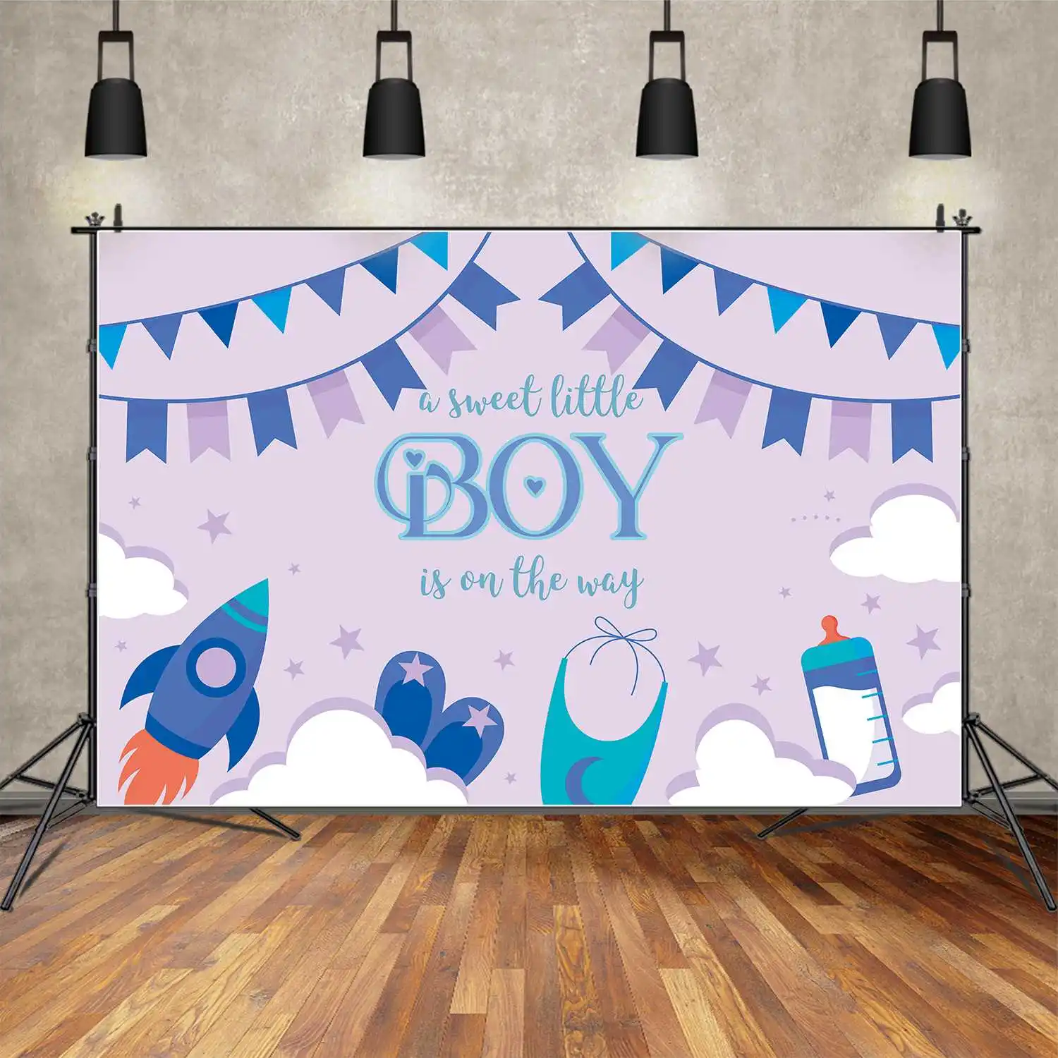 MOON.QG Background Blue Rocket Flag Wall Baby Shower Banner Backdrop for Boy Star Cloud Shoes Party Props Decoration Photo Booth