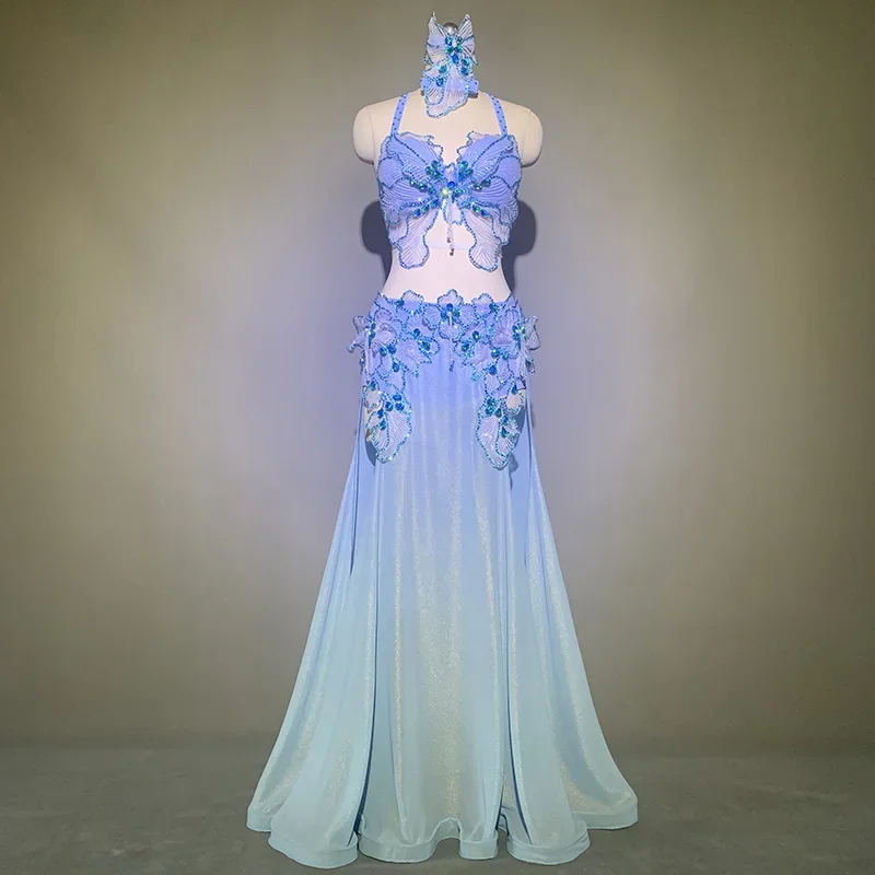 

Belly Dance Customized Rhinestone Bra Mesh Patchwork Skirt Set Women Oriental Indian Drum Dance Group Competition Stage Costume