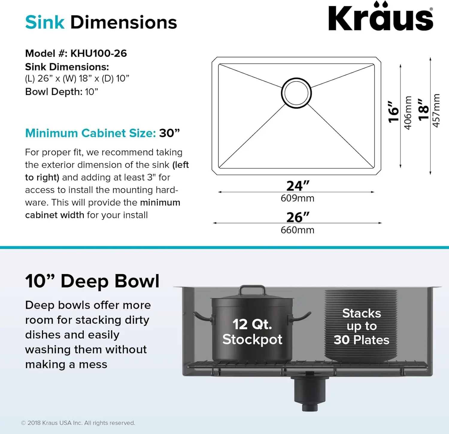 Kraus KHU100-26 Standart Pro 16 Gauge Undermount อ่างล้างจานชามเดี่ยว 26 นิ้ว สแตนเลส