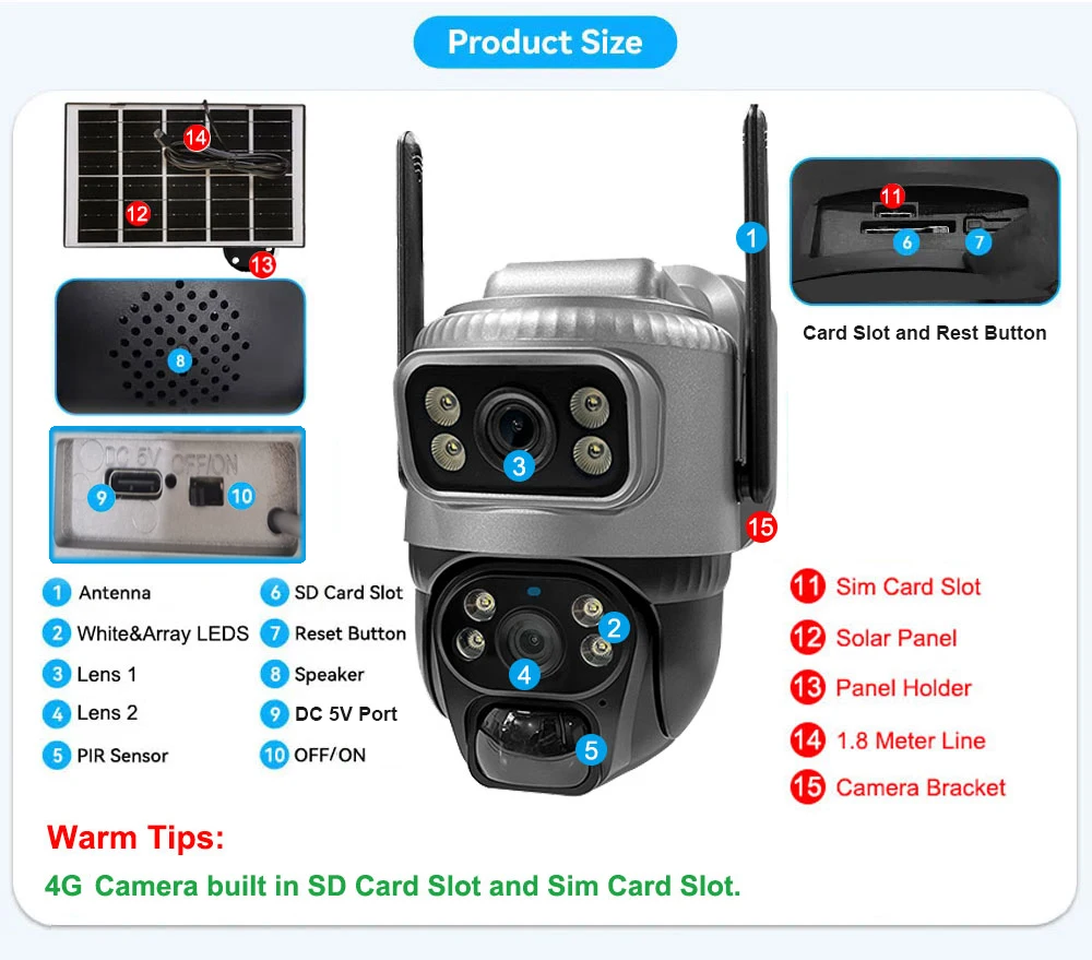 V380 4G Solarkamera für den Außenbereich, wasserdicht, Dual-Objektiv, Batteriebetrieb, PTZ CCTV-Monitor, unterstützt Zwei-Wege-Sprachfunktion, PIR-Bewegungserkennung, Nachtsicht mit 8W Solarpanel. – Detail 3