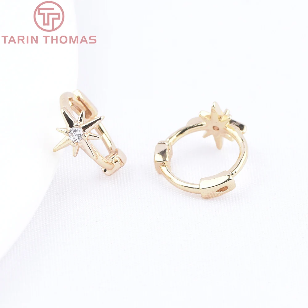 (9497) 6PCS 11x9MM 24K Gold Color Brass with Zircon Round Star Shaped Earrings Buckles DIY High Quality Jewelry Making Findings
