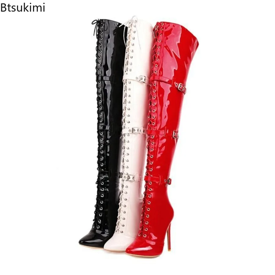 

Women's Sexy Cross Tied Thigh High Boots Pointed Toe Thin High Heels Over The Knee Boots Patent Leather Shoes for Woman 32-48