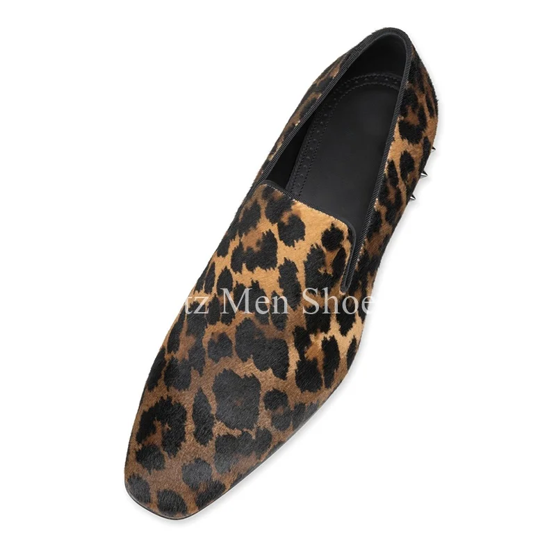 Rivet Leopard Print Men Shoes Low-heeled Loafers Luxury Pointed Head Slip On Calfskin Welted Wedding Dress Business Single Shoes