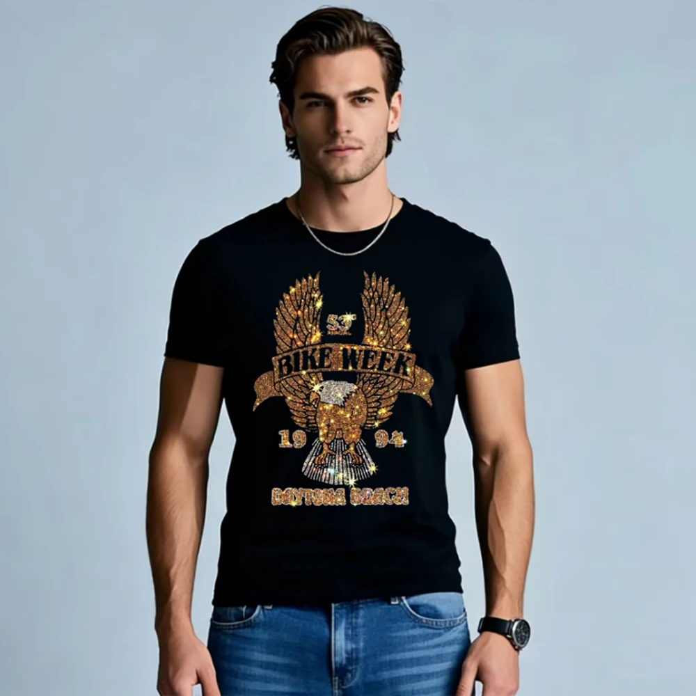 Men Street Brand T-Shirt Eagle Bike Week Rhinestone Bling Print Slim Breathable Casual Short Sleeve Tops Summer Male Clothing
