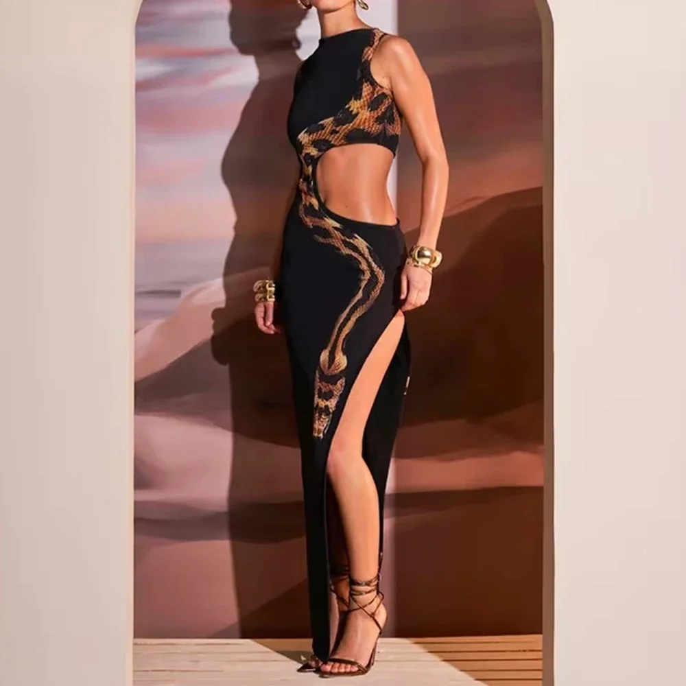 Abiti Moda estiva Abiti da sera lunghi maxi lunghi con scollo tondo senza maniche ritagliati per le donne