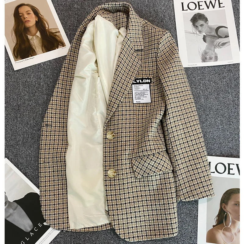 Giacca Blazer scozzese donna autunno inverno Casual giacca di lana di alta qualità monopetto moda Blazer larghi cappotto femminile