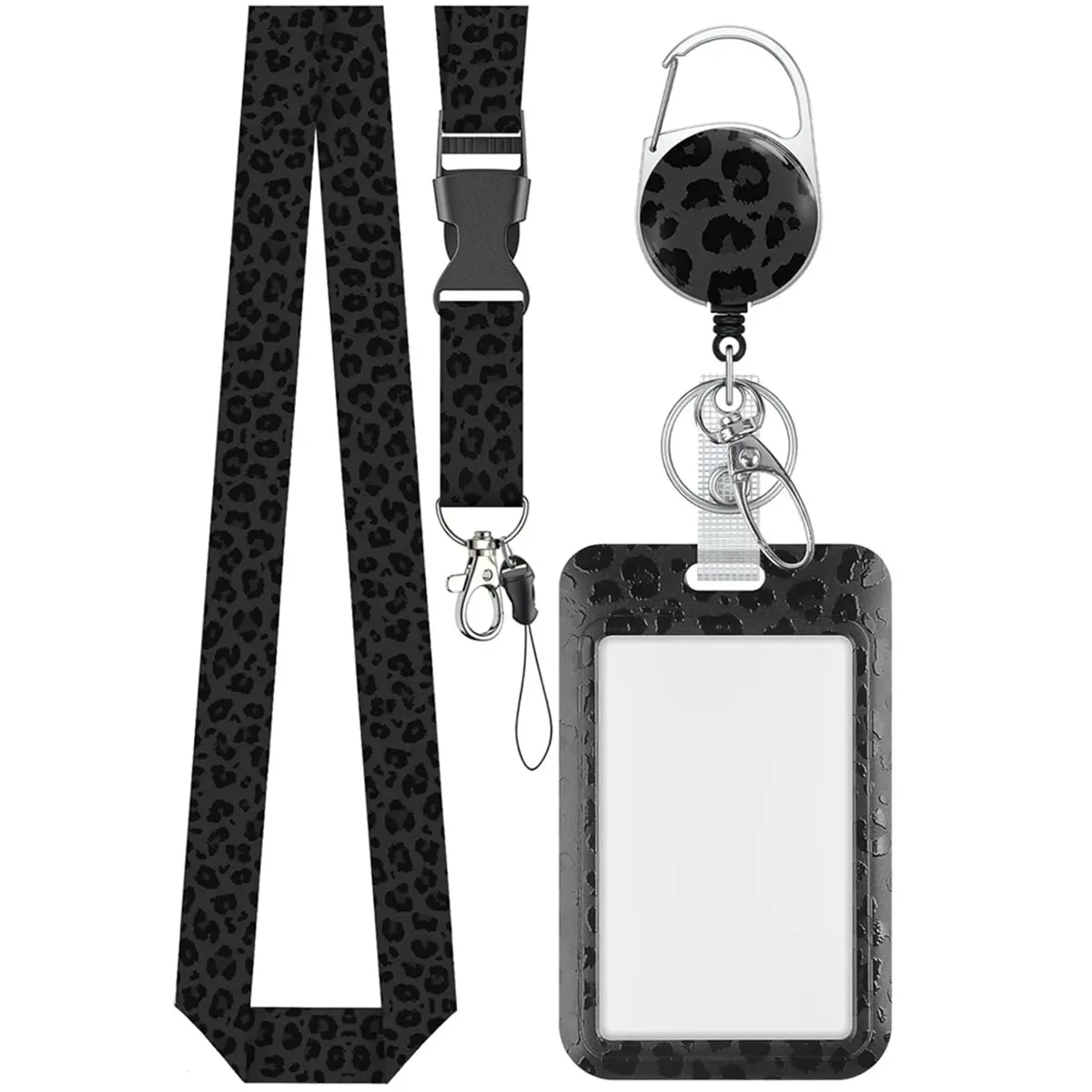 Fashionable Sliding Badge Holder Black Leopard Print with Retractable Carabiner Clip, Detachable Lanyard Strap