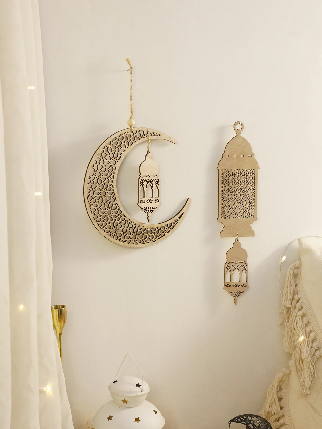 1PC Ramadan Wooden Moon Hanging Ornaments with Hollow Mesh Star，Eid Mubarak Muslim Decor，Lanterns Wall Decor，Ramadan Kareem Gift