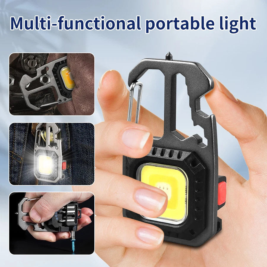 Mini COB Flashlight Portable Led Lantern Keychain Rechargeable Work Light Safety Hammer Outdoor Camping Lamp Bottle Opener