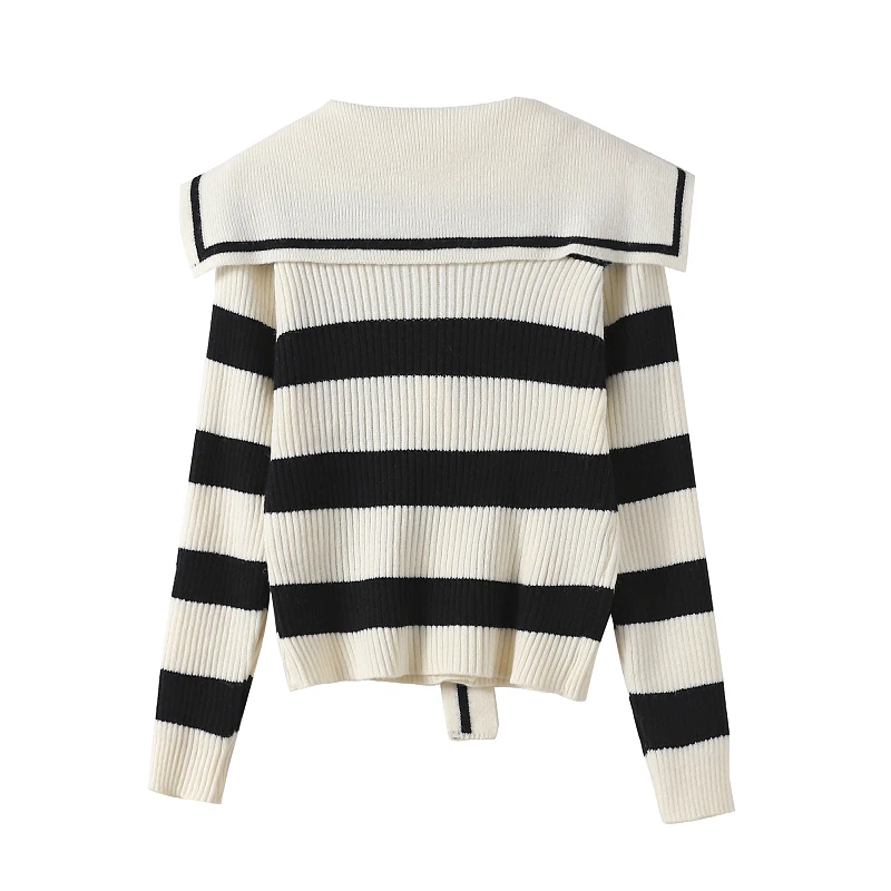 Autumn Sailor Collar Cardigan Women Single-breasted Long-sleeved Striped Sweater Casual Fashion Preppy Style Knitwear