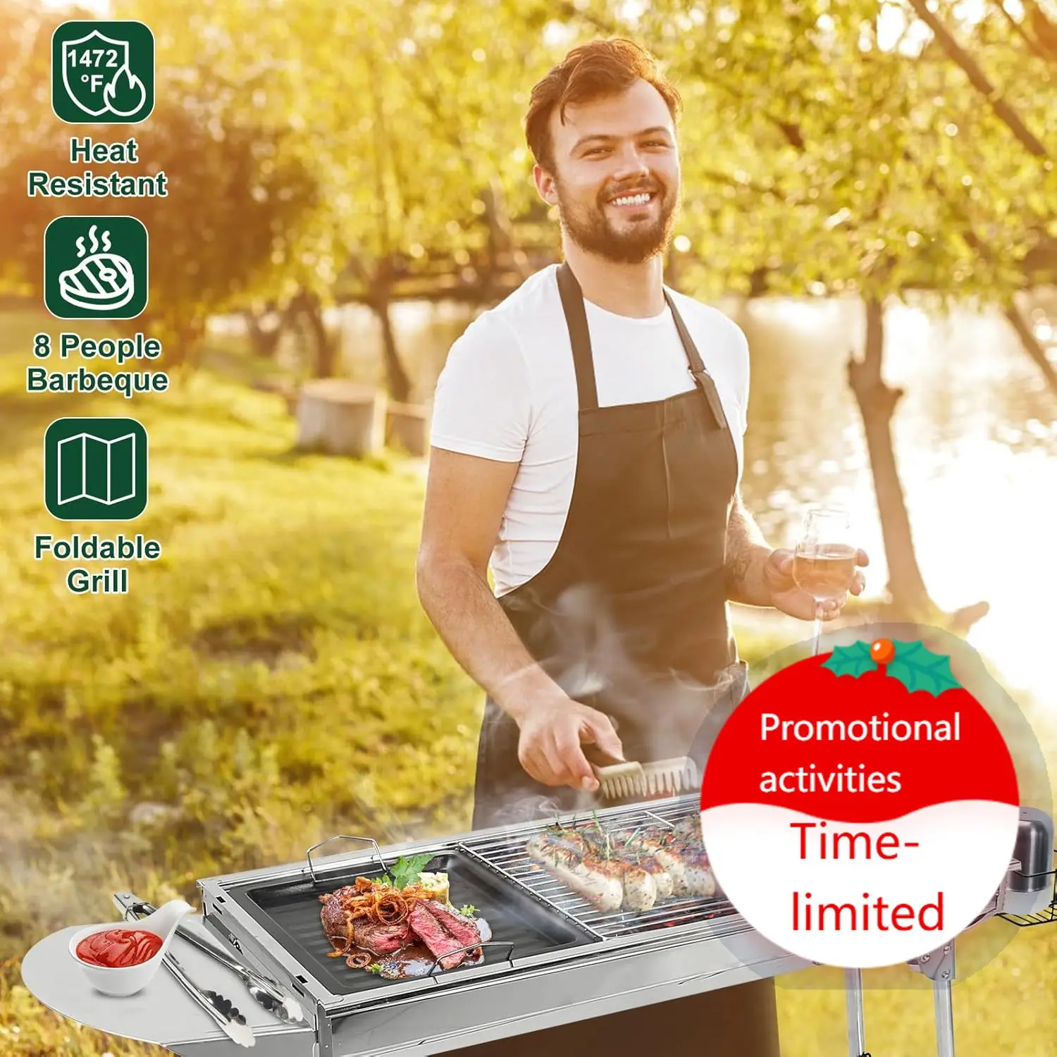 

Portable Charcoal Grill, Folding Barbecue Grill with Storage Shelf, 39" x 13.39"x 27.56" Stainless Steel BBQ Smoker Barbecue Too