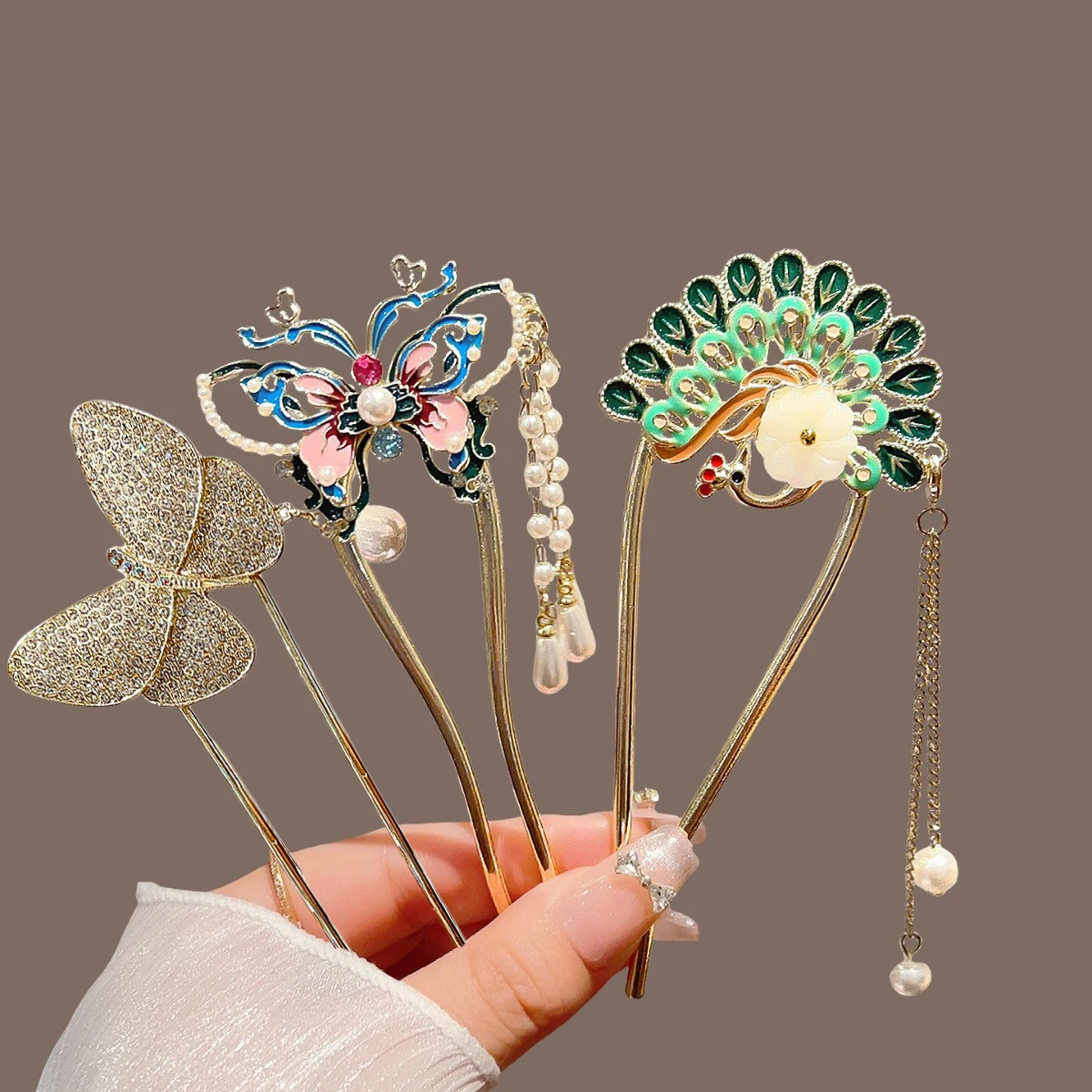 Pearls U Shaped Hair Sticks Fan Shaped Butterfly Tassel Hair Forks Bun Metal Hairpins Elegant Women Jewelry Hair Accessories