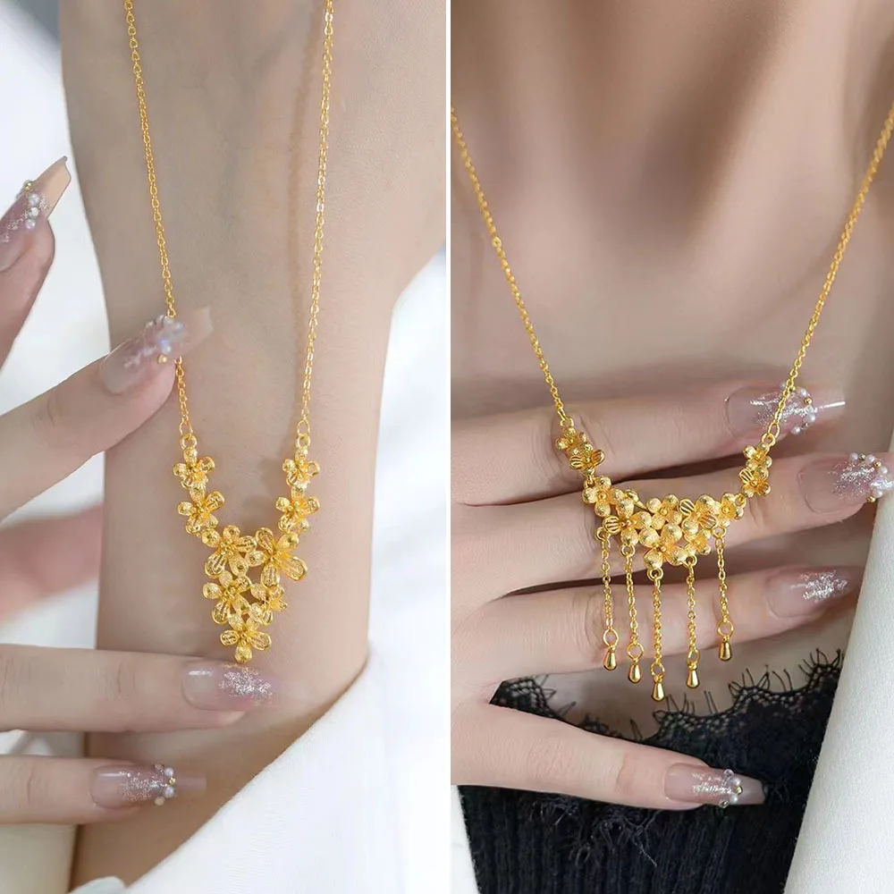 Gold AU750 Necklace 999 Flower Moon Festival Tassel Set Chain Blooming Flower Necklace Wedding 24K Jewelry Set Integrated Chain