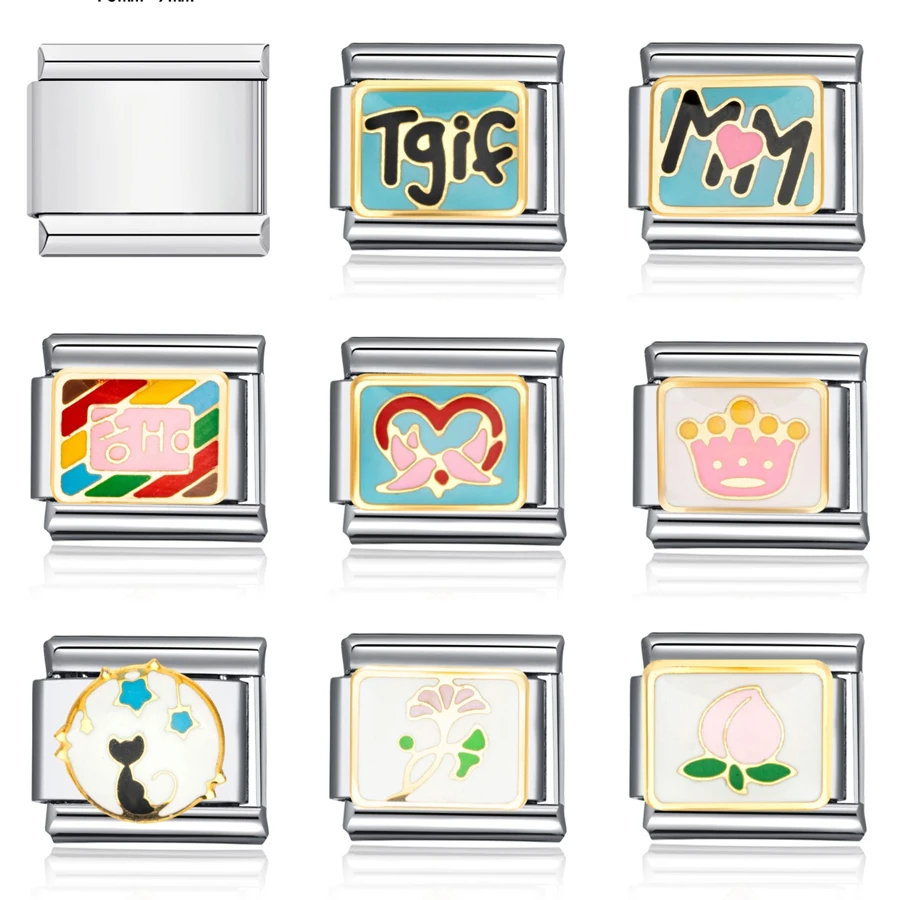 1PC DIY 9mm Stainless Steel Italian Bracelet Charm Links Connector Jewelry Making Accessories Findings Creation Animal Letters