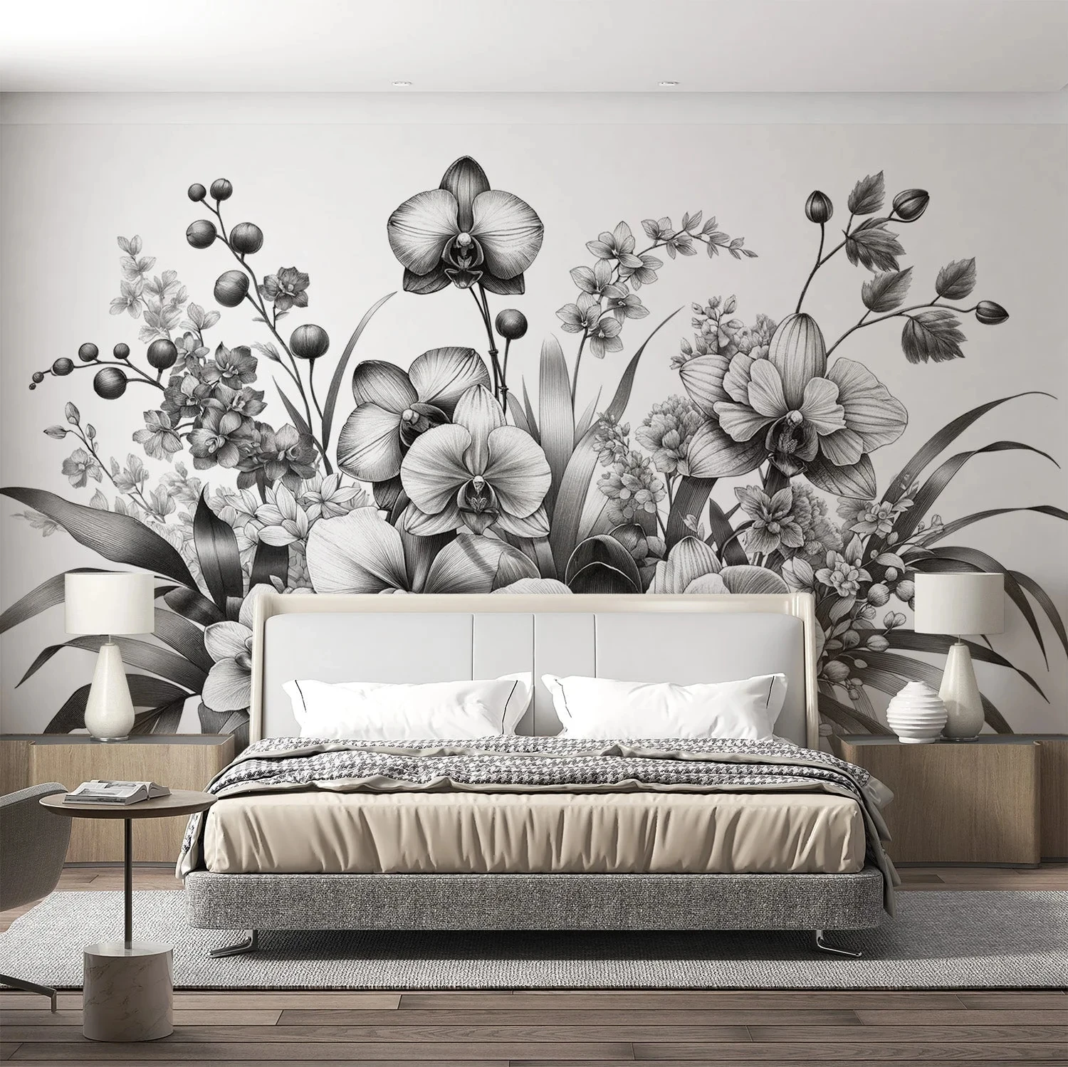 Custom Photo Wallpaper Black and White Sketch Orchid Floral Mural Vintage Hand Drawn Botanical Wall Paper Living Room Background