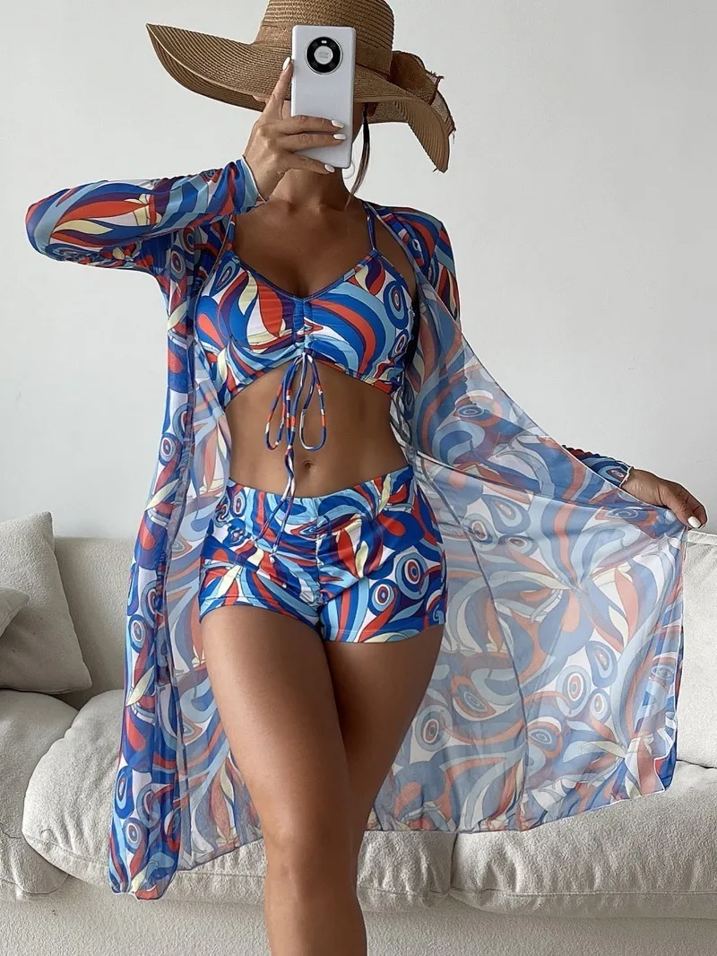 

2025 New Three-piece Digital Printing Outer Flat Pants Bikini Fashion Sexy Swimsuit Women Sexy Bikini