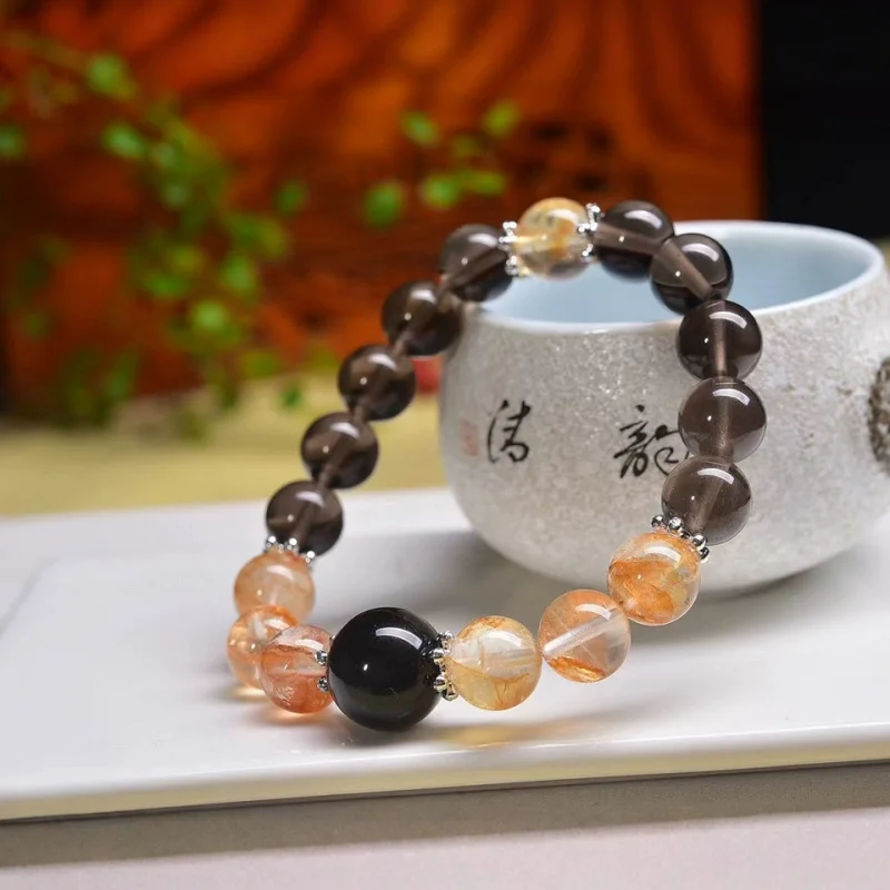

Natural Red Gum Flower Plus Seed Obsidian Round Bead Bracelet