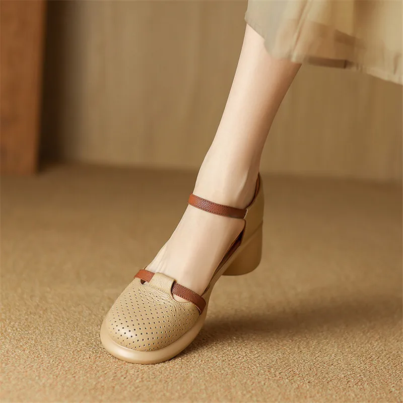 New Genuine Leather Summer Sandals Cover Toe Hollow Out Sandals for Women Platform Shoes Chunky Heel Shoes Mixed Color Sandals