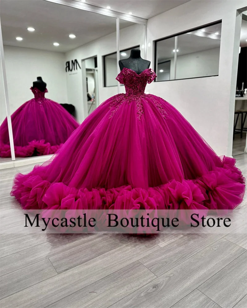 Lusso rosa caldo Tulle pizzo Appliques Quinceanera abiti abito da ballo 2024 perline arruffato dolce 16 vestito Vestidos De XV aecos