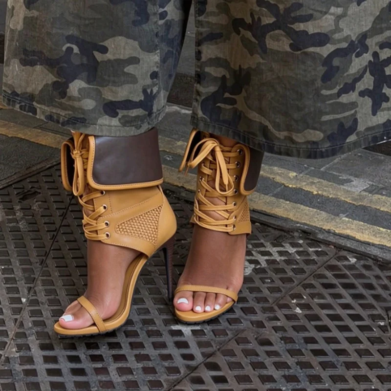 Mesh Patchwork Fold Over Cuff High Heeled Sandals Open Toe Stiletto Heel Lace Up Ankle Wrap Booties Mixed Colors Women Shoes