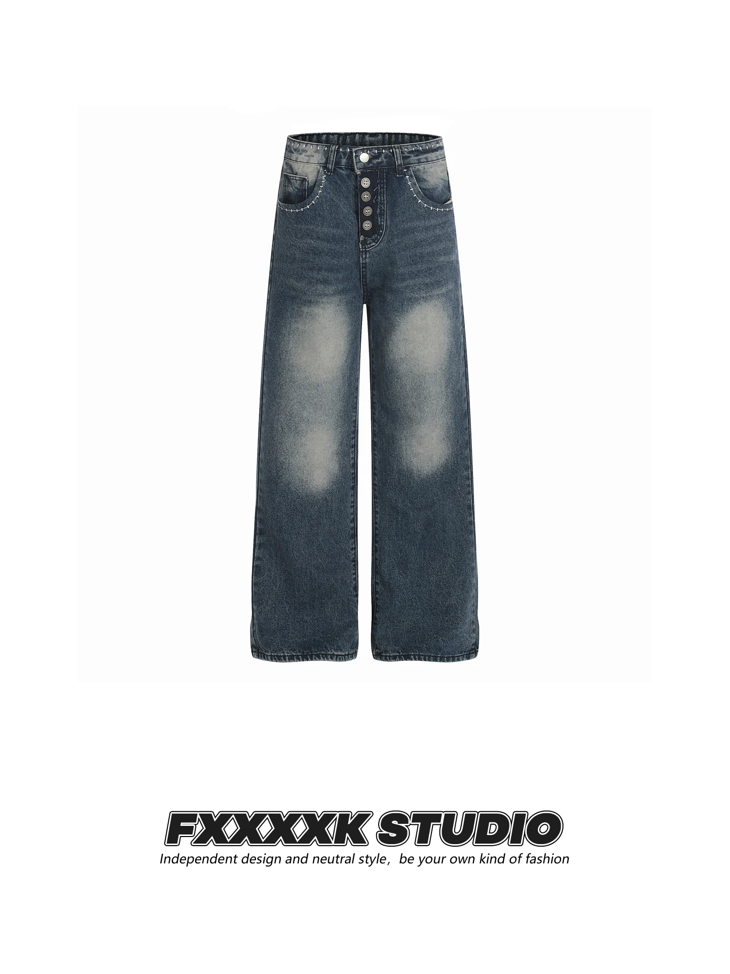 Jeans Retro Americanos Originais FXK para Homens e Mulheres com Bordado em Linha Costurada, Calças Casuais Soltas e Retas em ...