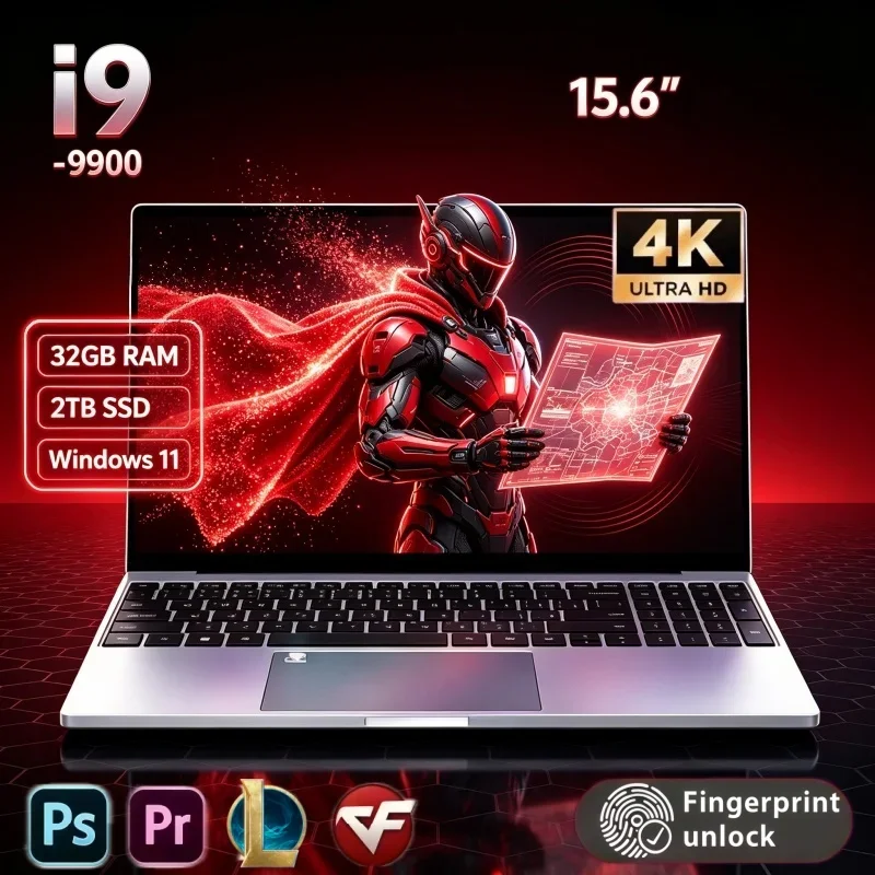 15.6 Inch Ultra Slim Laptop Computer Intel I9 9900 32GB RAM 2TB SSD Win11 Fingerprint Unlock Notebook For Home Daily Use & Game