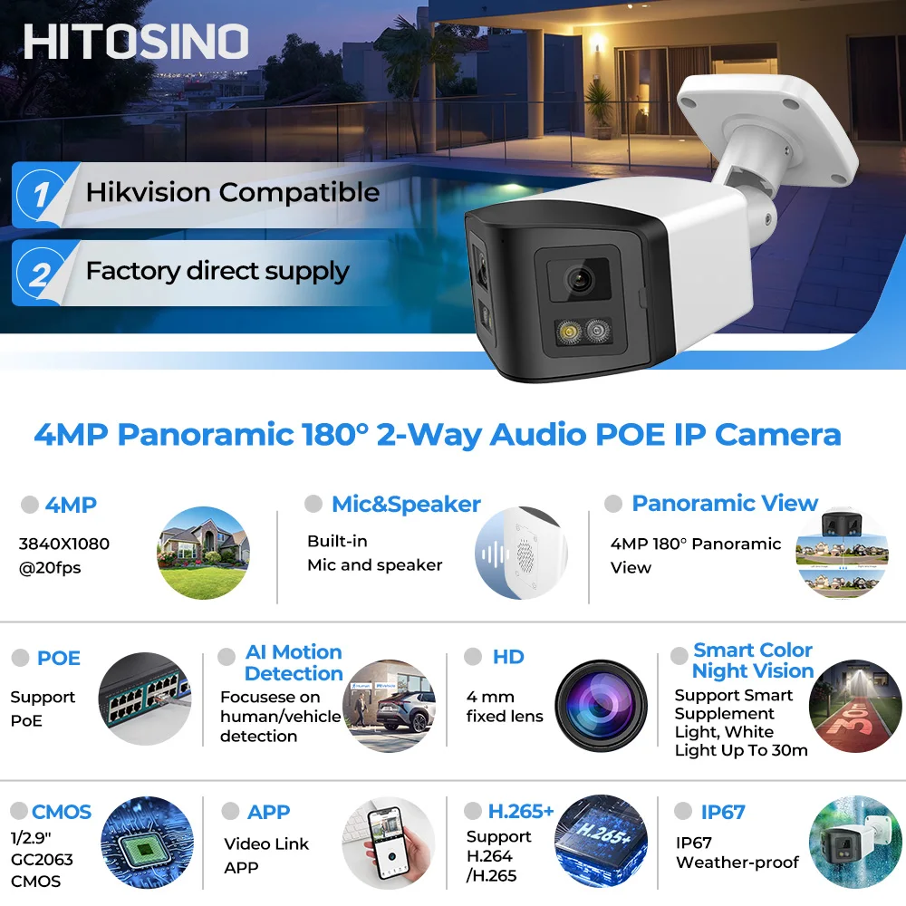 Hikvision Compatible 4MP Bullet Panoramic Camera Outdoor 2 Way Audio Night Vision IP67 Waterproof for Home Store Commercial