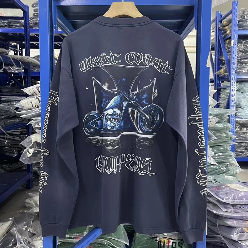 

American Weat Coast Choppers Short Sleeve T-Shirt Smoke Motorcycle Washed Distressed Print Vintage Versatile Long Sleeve 26SS