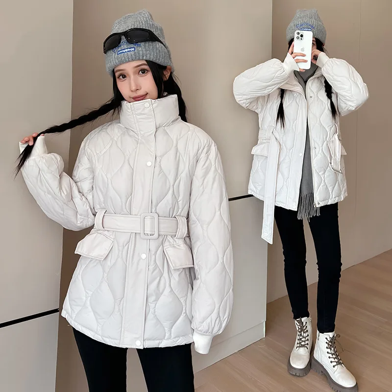 Women Parkas Belt Cinched Waist Thick Warm Jacket Casual Zipper Stand Collar Pockets Jackets Elegant Coat Autumn Winter 2025