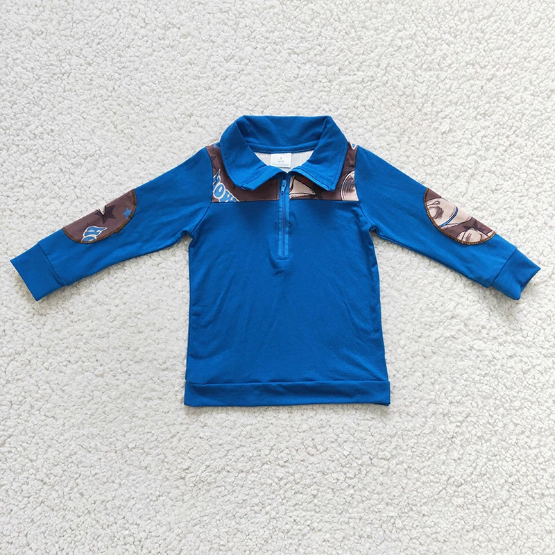 

Toddler Western Howdy Blue Long Sleeves Pullover Cotton Shirt Wholesale Baby Boy Tee Lapel Children Zipper Spring Fall Clothing